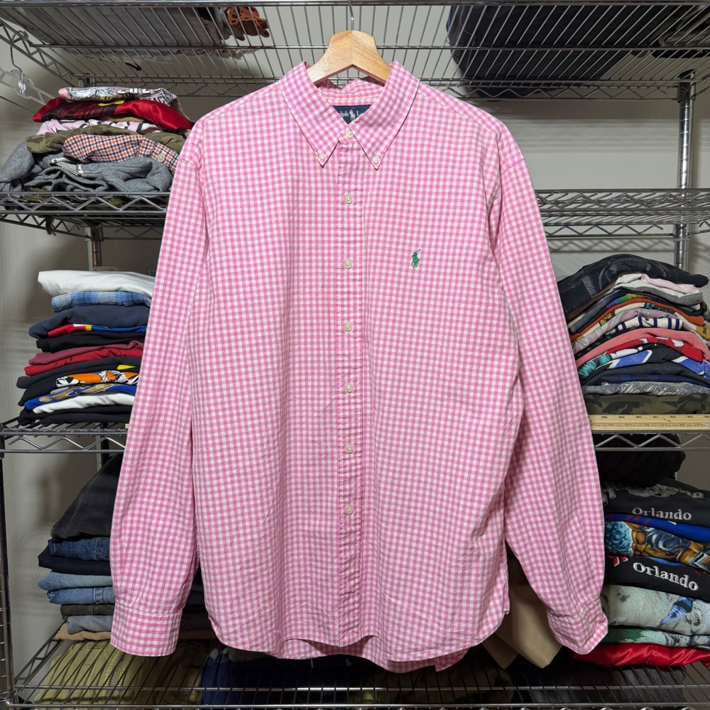 Ralph Lauren Button Down Mens XL Pink Gingham Custom Fit Long Sleeve Shirt